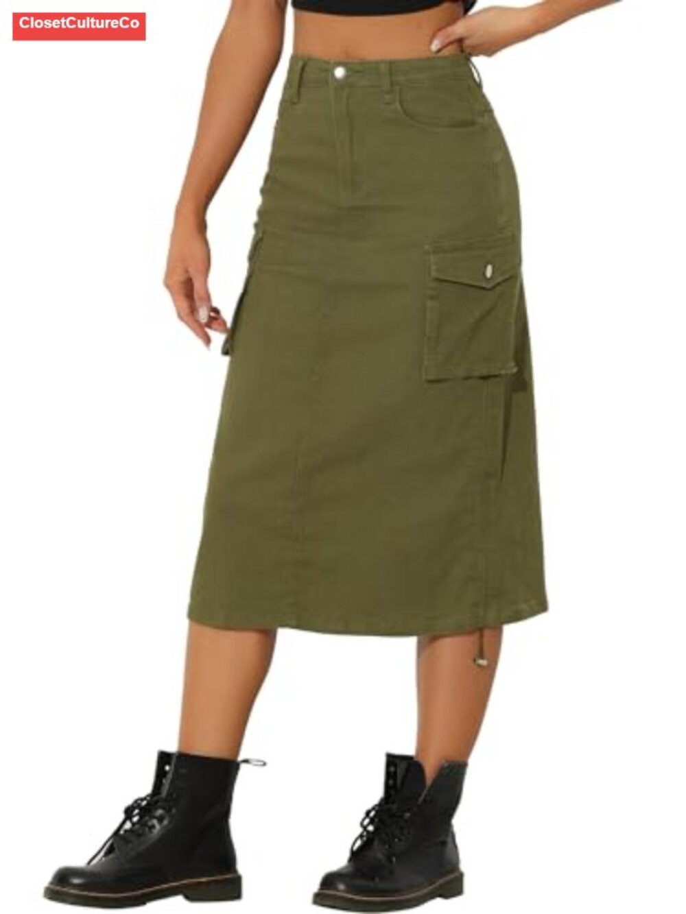 Women's Cargo Denim Midi Skirt High Waisted A-Line Utility Jean Skirt